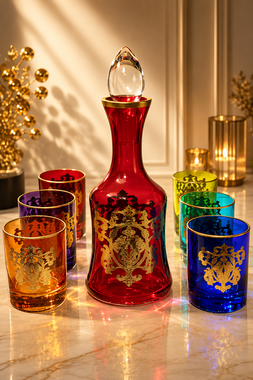 Coffret Carafe Rouge & 6 Verres Cristallisés – Finitions Dorées de Luxe