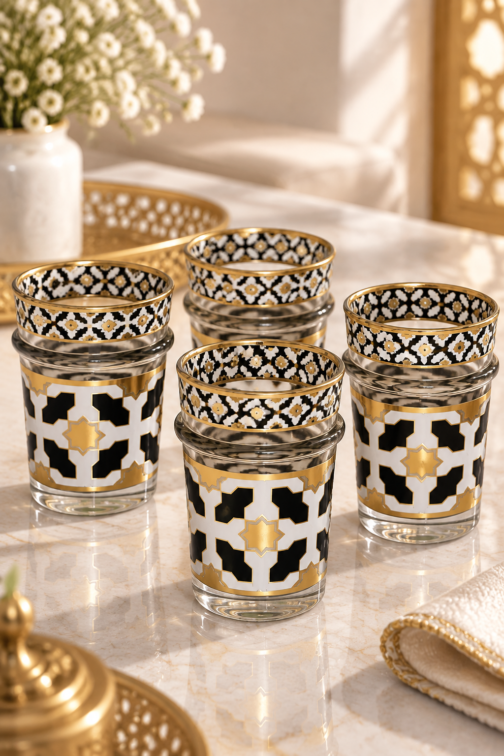 Collection Royale HOMEYA™ – Service Prestige de 12 Verres à Thé Marocains Noir & Or, Design Zellige Luxe
