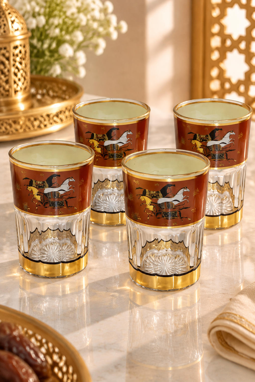 HOMEYA™ Collection Prestige Équestre – Service 12 Verres à Thé Marocains avec Motifs Artistiques & Finitions Dorées Luxe