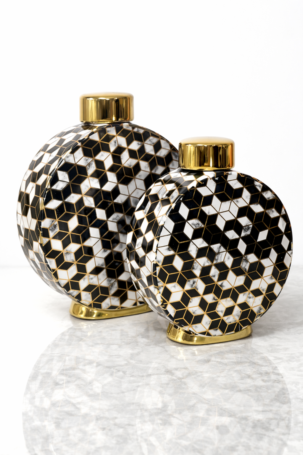 Duo de Vases Ronds Géométriques – Élégance Moderne en Noir, Blanc et Doré