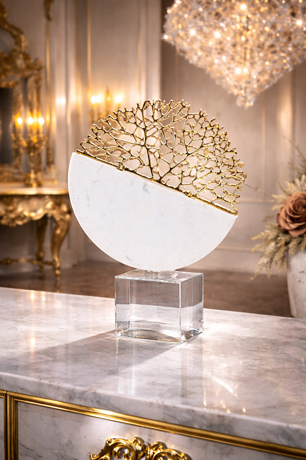 Sculpture décorative demi-lune en marbre et zinc doré