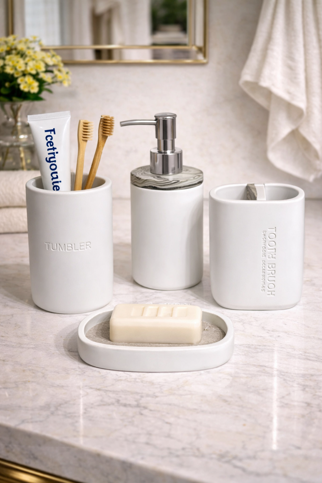 Set de Salle de Bain 4 Pièces en Blanc et Gris – Élégance et Fonctionnalité