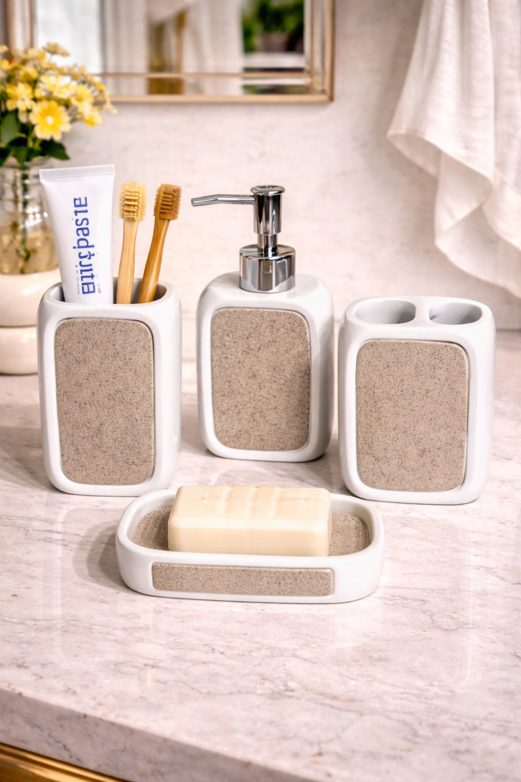 Ensemble de Salle de Bain 4 Pièces – Design Blanc et Gris pour une Touche Moderne