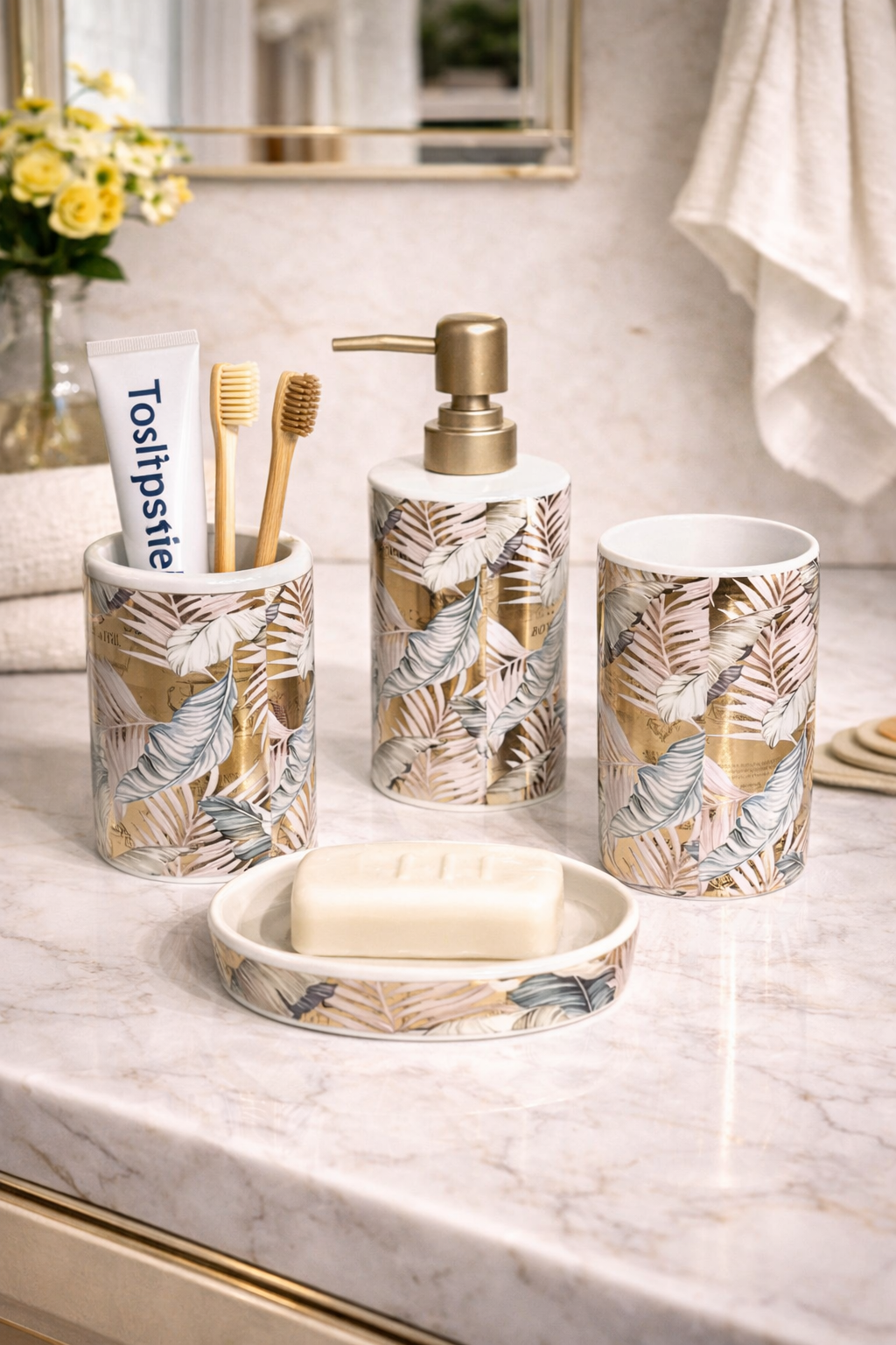 Set de Salle de Bain 4 Pièces Gris Mat avec Motifs Floraux Dorés – Élégance et Raffinement