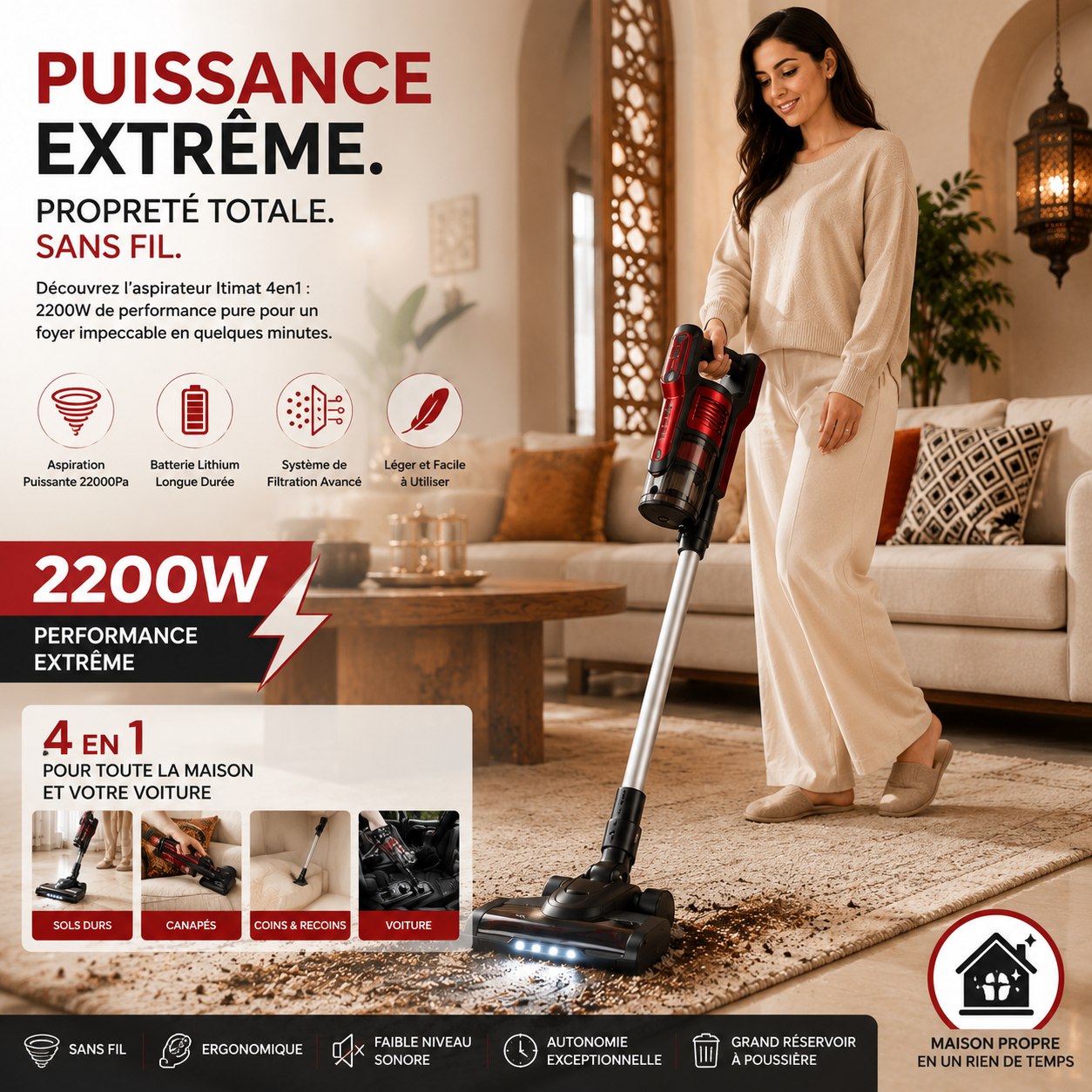 Aspirateur Sans Fil Itimat 4en1 – 2200W de Puissance et de Liberté ! (Copy)
