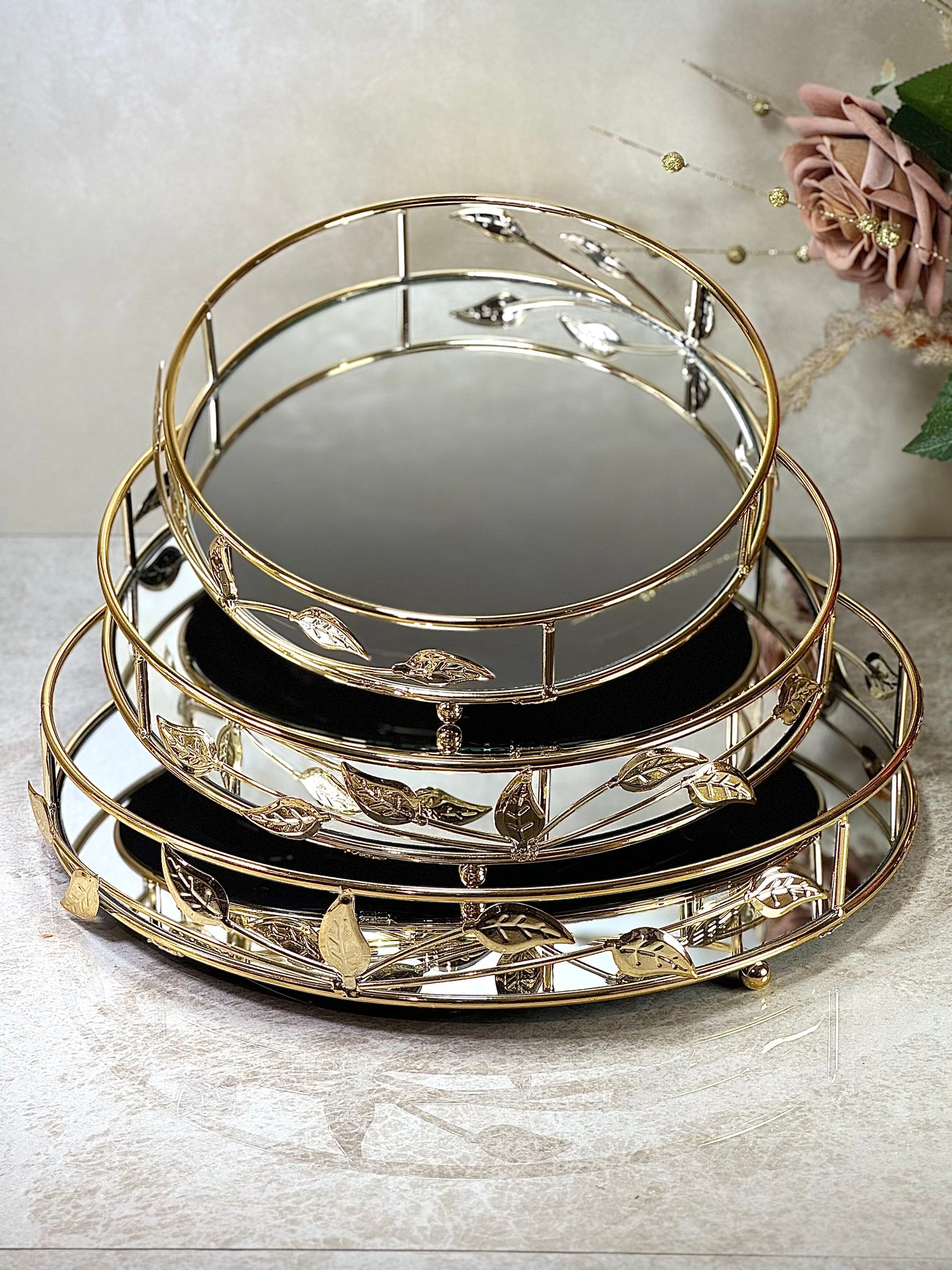 Ensemble de 3 plateaux ronds Miroir Dorés