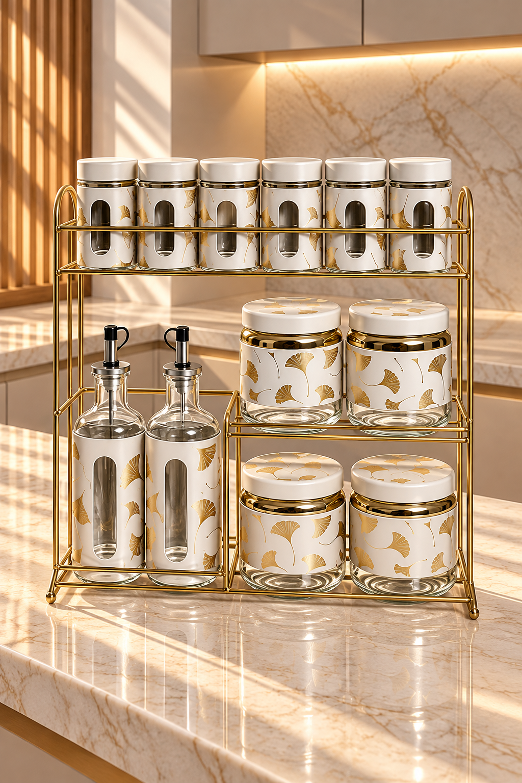 Ensemble de 12 Pièces en Blanc Marbré avec Support Doré en Acier Inoxydable – Rangement Chic et Pratique