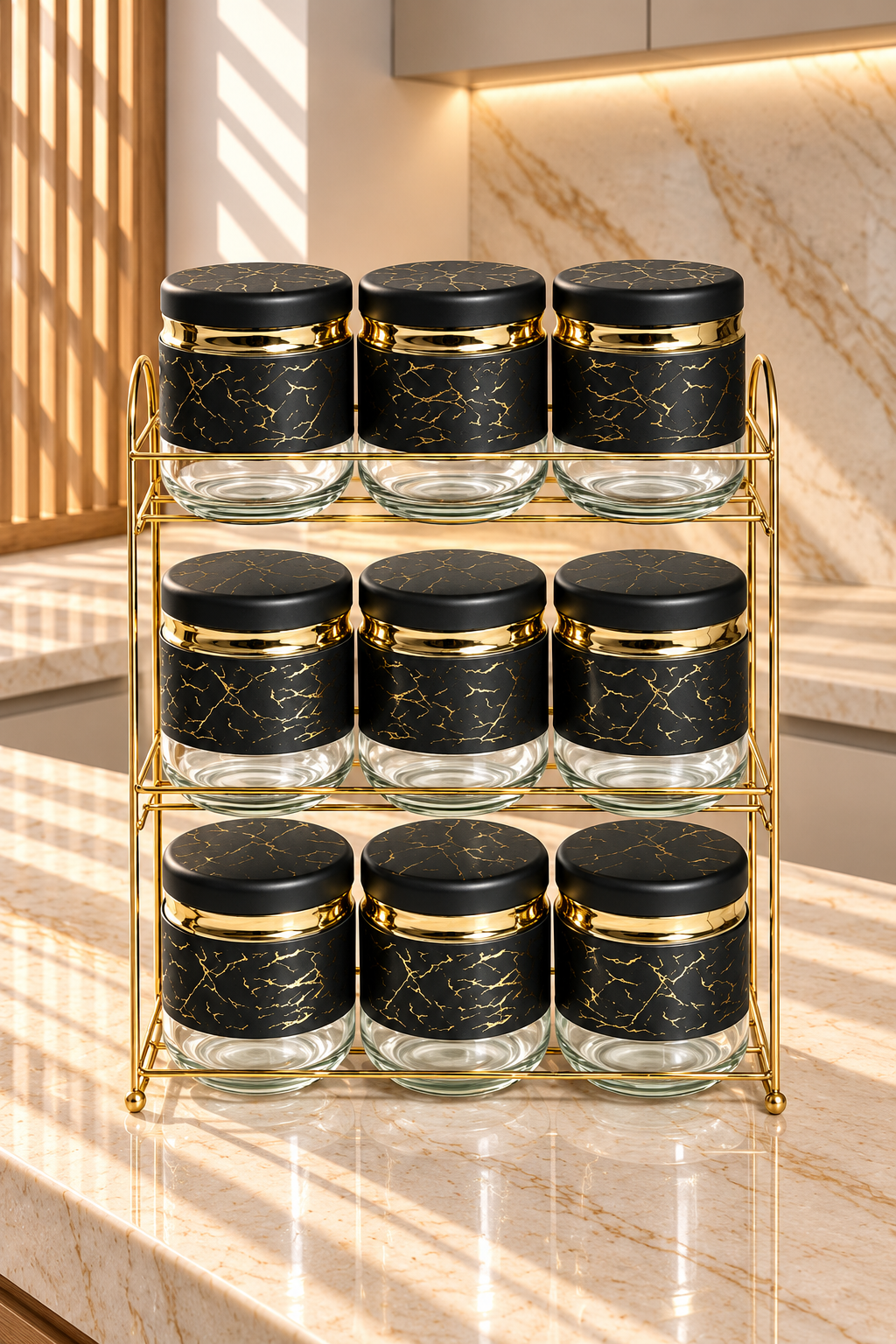 Ensemble de 9 Boîtes Épices et Céréales Noir Marbré avec Couvercles et Support en Acier Inoxydable – Élégance Moderne et Fonctionnalité