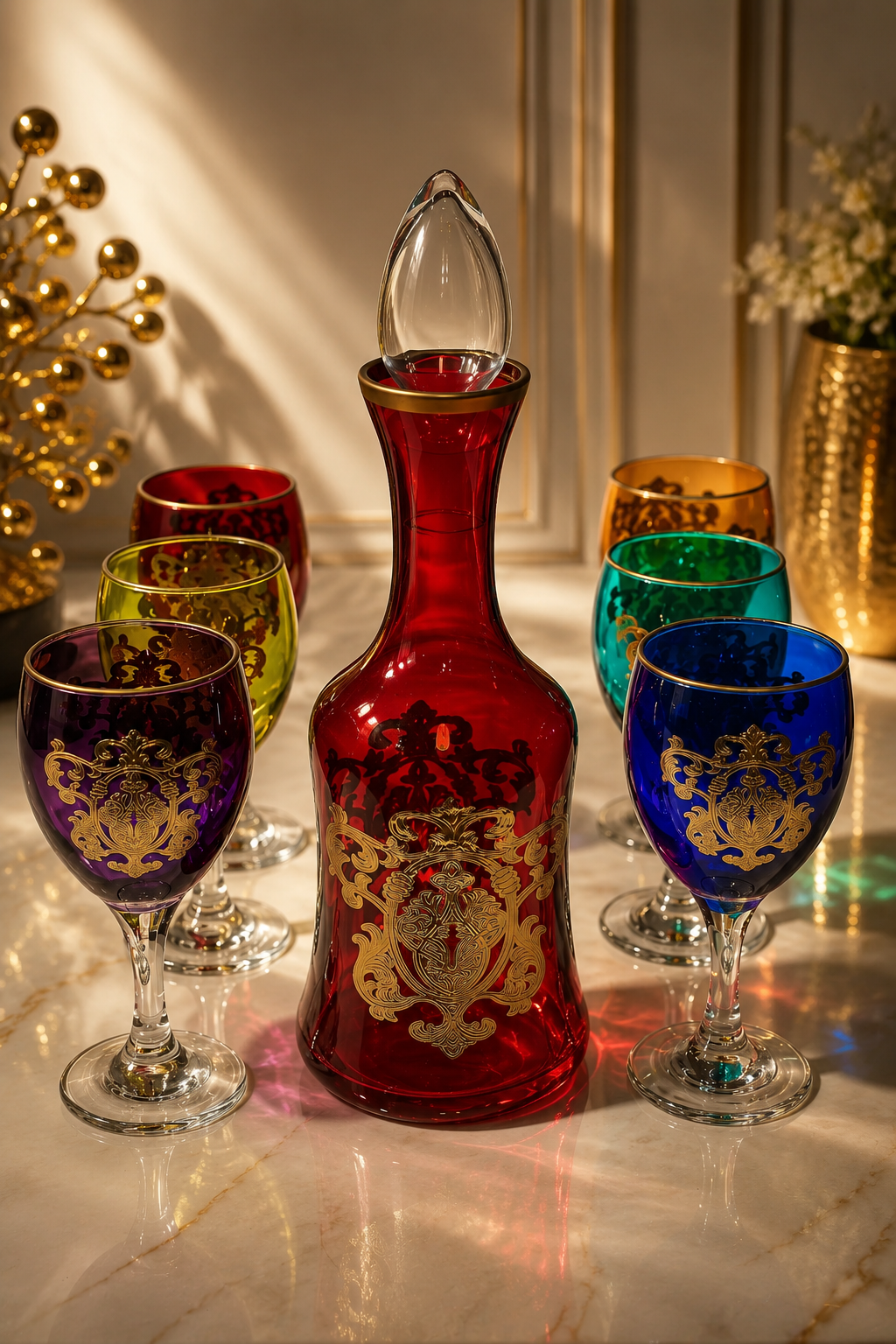Coffret Carafe Rouge & 6 Verres Cristallisés – Finitions Dorées de Luxe