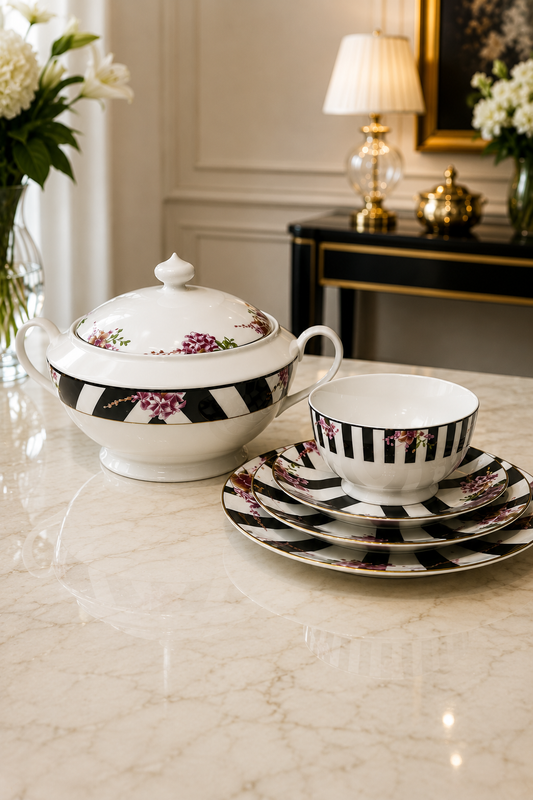 Service de Table 25 Pièces Très Chic – Porcelaine Blanche et Noire avec Fleurs Roses