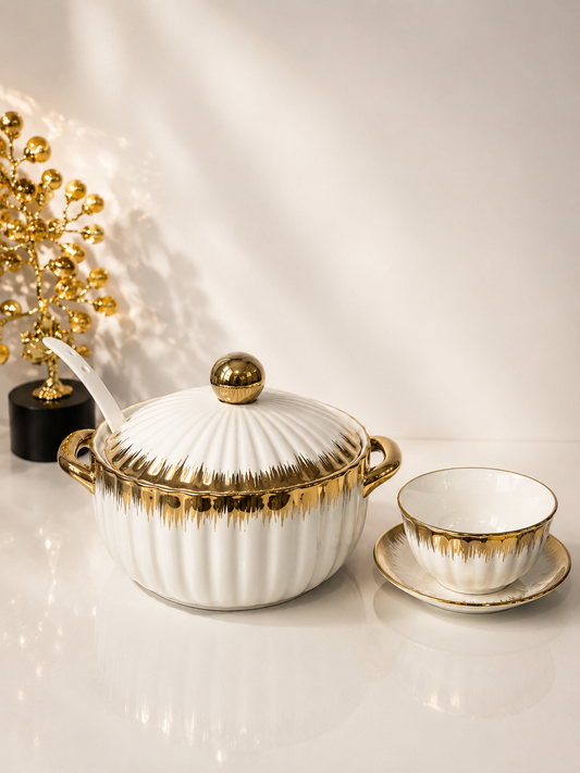 Élégant Service à Soupe en Blanc et Doré – 14 Pièces Complètes