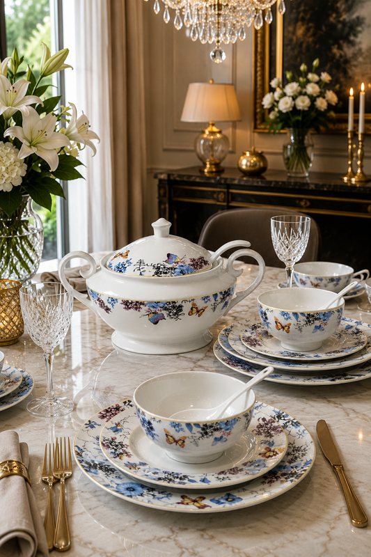 Service de Table 33 Pièces en Porcelaine – Blanc avec Motif Papillon Bleu Ciel