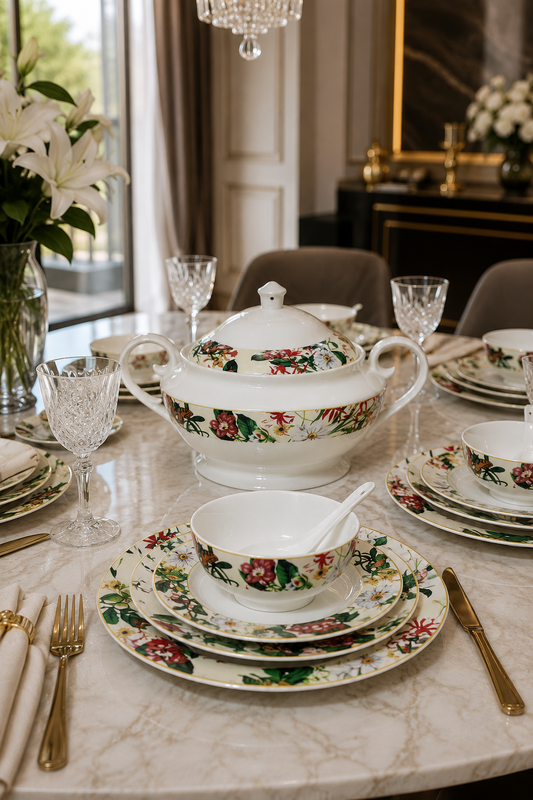 Service de Table 33 Pièces en Porcelaine – Motif Papillon Vert Élégant
