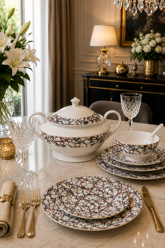 Service de Table 33 Pièces en Porcelaine – Blanc avec Décorations Marron et Gris