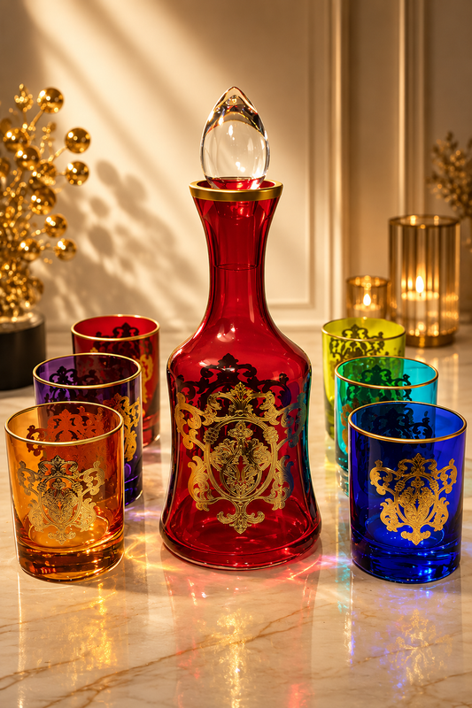 Coffret Carafe Rouge & 6 Verres Cristallisés – Finitions Dorées de Luxe