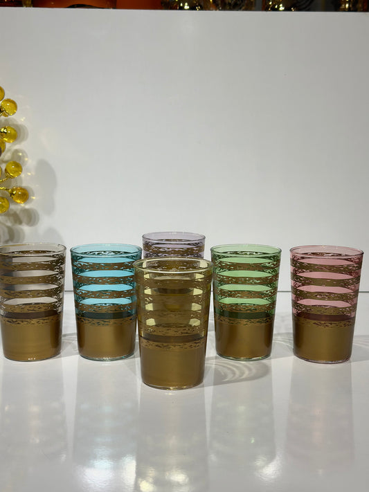 Lot de 12 Verres à Thé – Colorés avec Base Dorée & Argentée