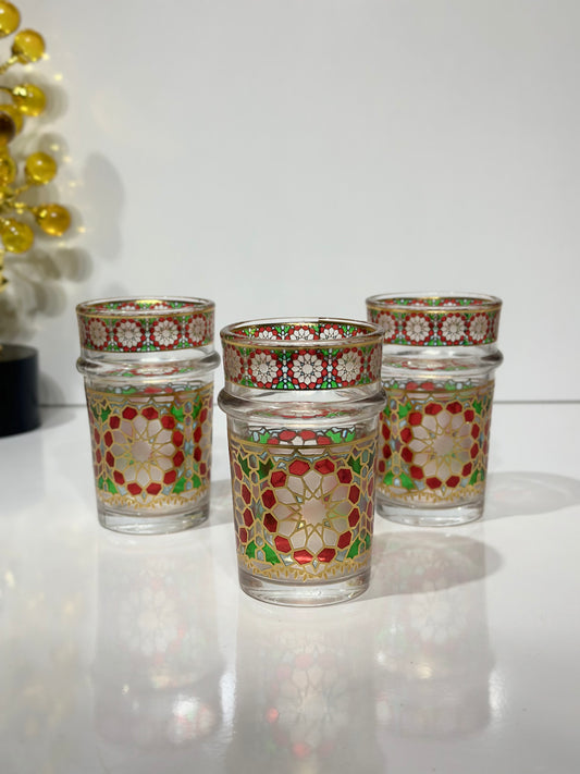 Set de 12 Verres à Thé Marocains – Style Zellige, Transparent, Rouge & Vert