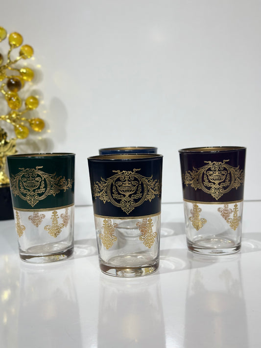 Set de 12 Verres à Thé Bas – Transparent & Couleur avec Motifs Dorés