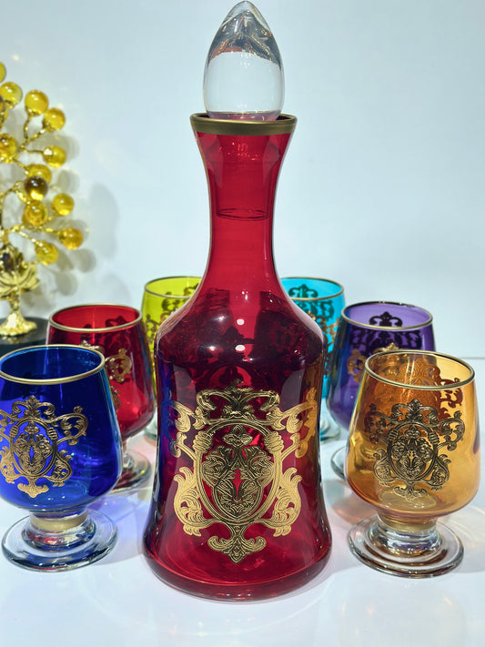 Coffret Carafe Rouge & 6 Verres Cristallisés – Finitions Dorées de Luxe