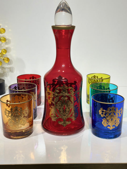Coffret Carafe Rouge & 6 Verres Cristallisés – Finitions Dorées de Luxe