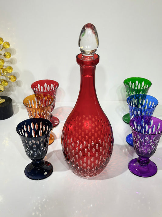 Coffret Carafe Rouge & 6 Verres Cristallisés – Finitions Dorées de Luxe