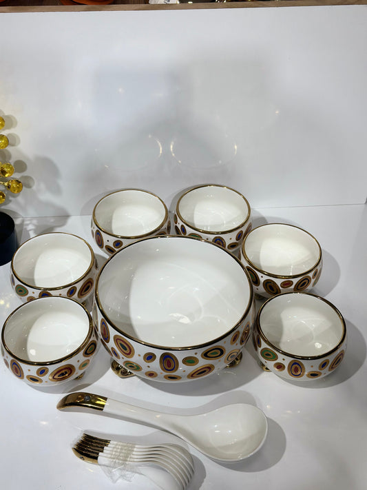 Set Saladier en Porcelaine Blanche & 6 Bols – Détails Colorés Ludiques