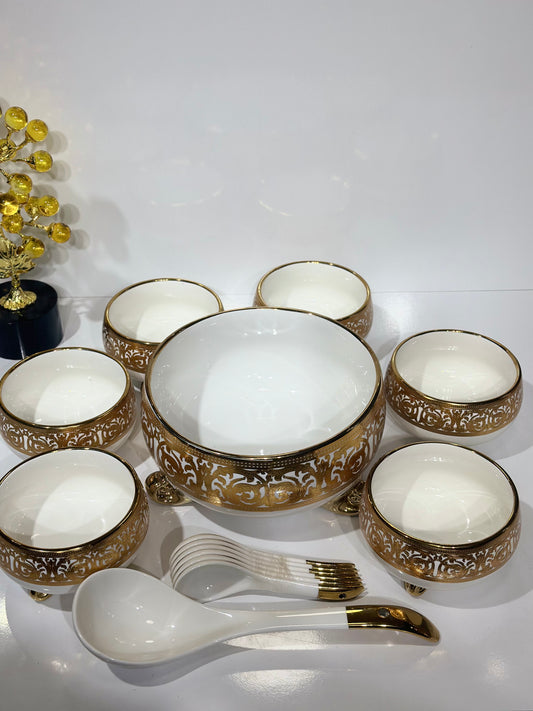 Set Saladier en Porcelaine Blanche & 6 Bols – Motifs Dorés Élégants