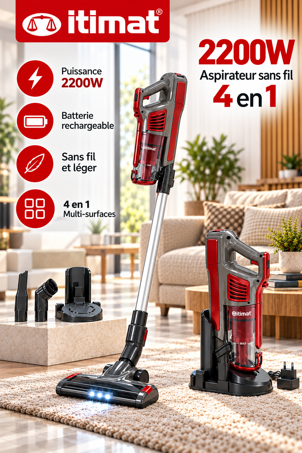 Aspirateur Balai Sans Fil 4-en-1 Rechargeable ITIMAT – Avec Accessoires et Support de Rangement