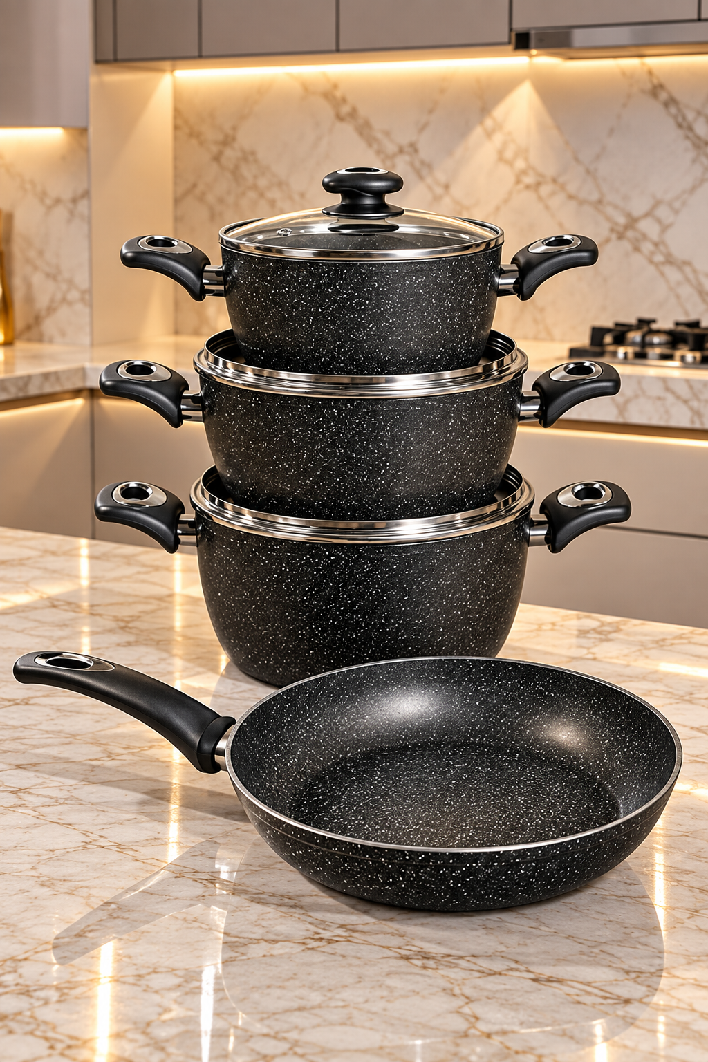 Pack Cuisine en Granit Noir – 3 Gamelles avec Couvercles et Poêle de Haute Qualité