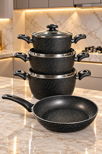 Pack Cuisine en Granit Noir – 3 Gamelles avec Couvercles et Poêle de Haute Qualité