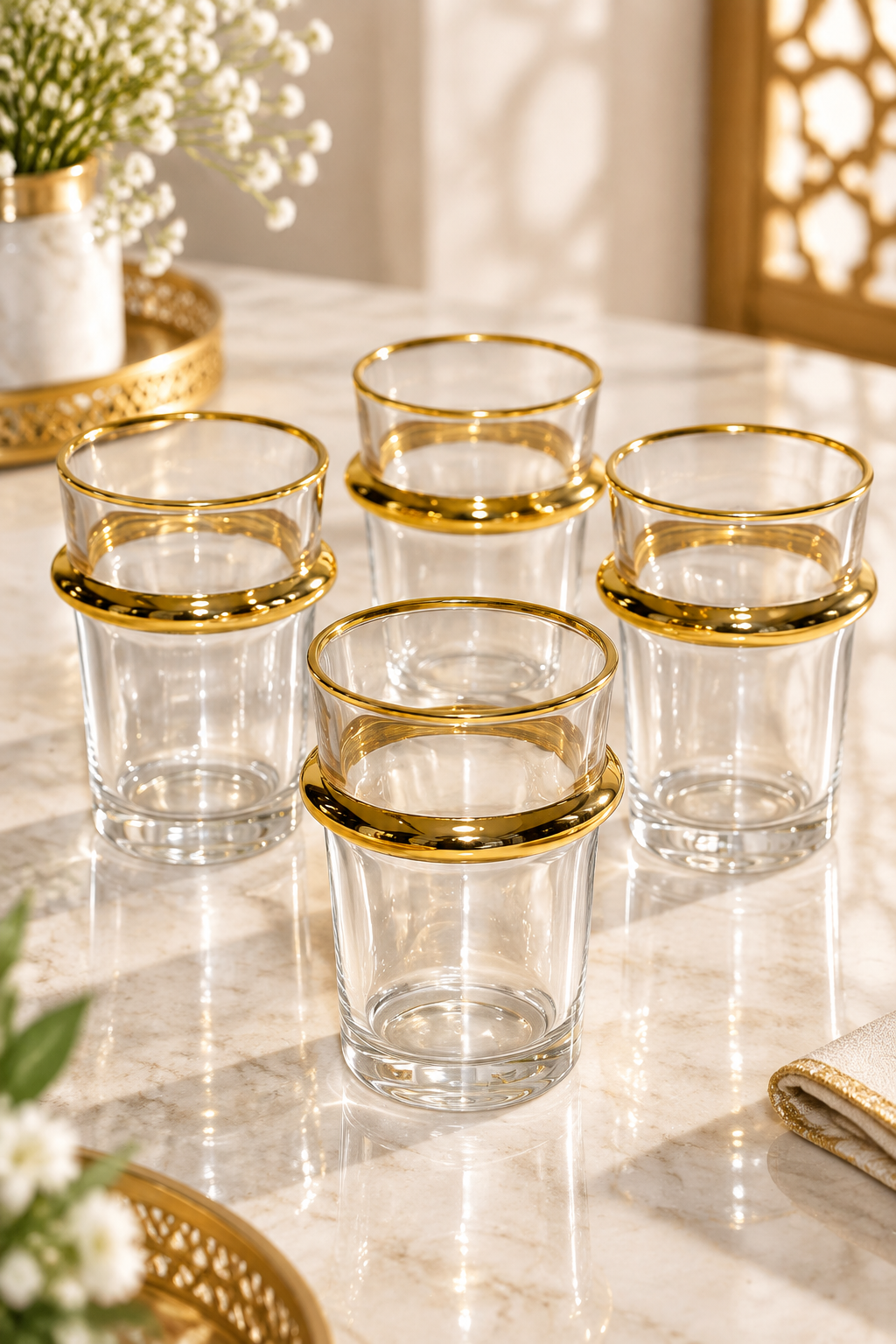 HOMEYA™ Collection Élégance – Service Prestige de 12 Verres à Thé Marocains en Verre Cristal avec Finition Dorée Luxe