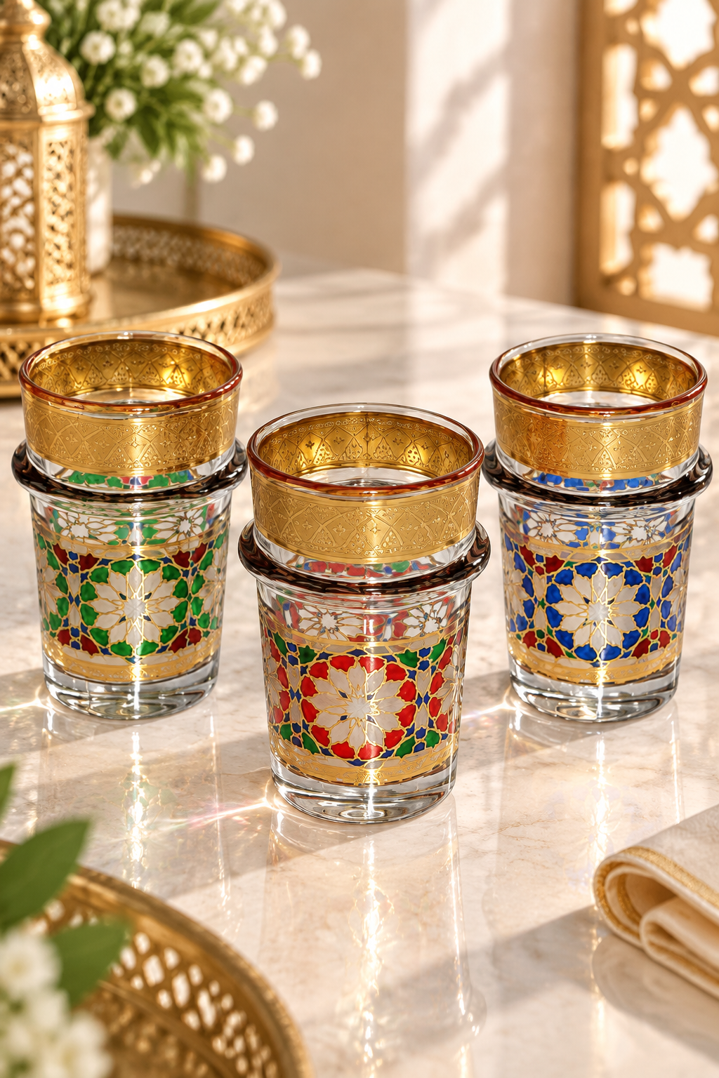 HOMEYA™ Collection Zellige Royale – Service 12 Verres à Thé Marocains avec Motifs Artisanaux & Finitions Dorées