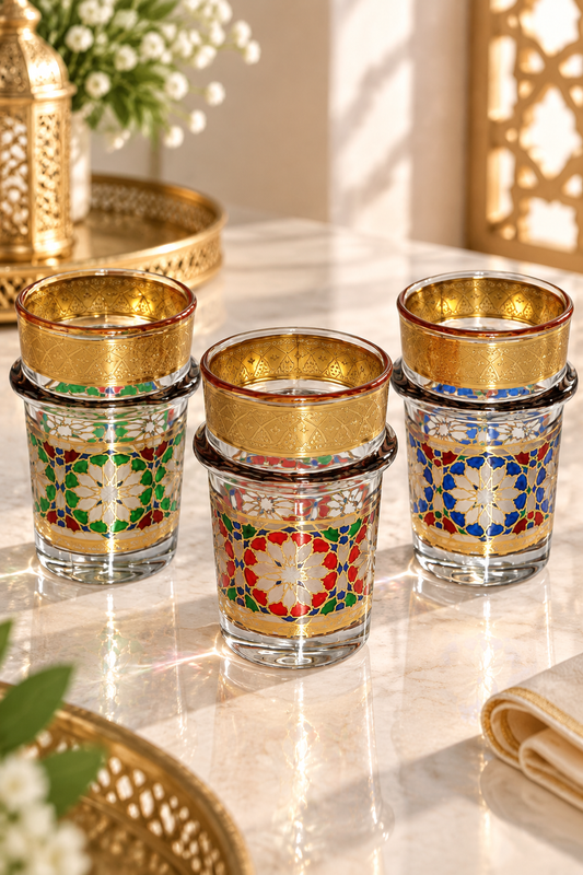 HOMEYA™ Collection Zellige Royale – Service 12 Verres à Thé Marocains avec Motifs Artisanaux & Finitions Dorées