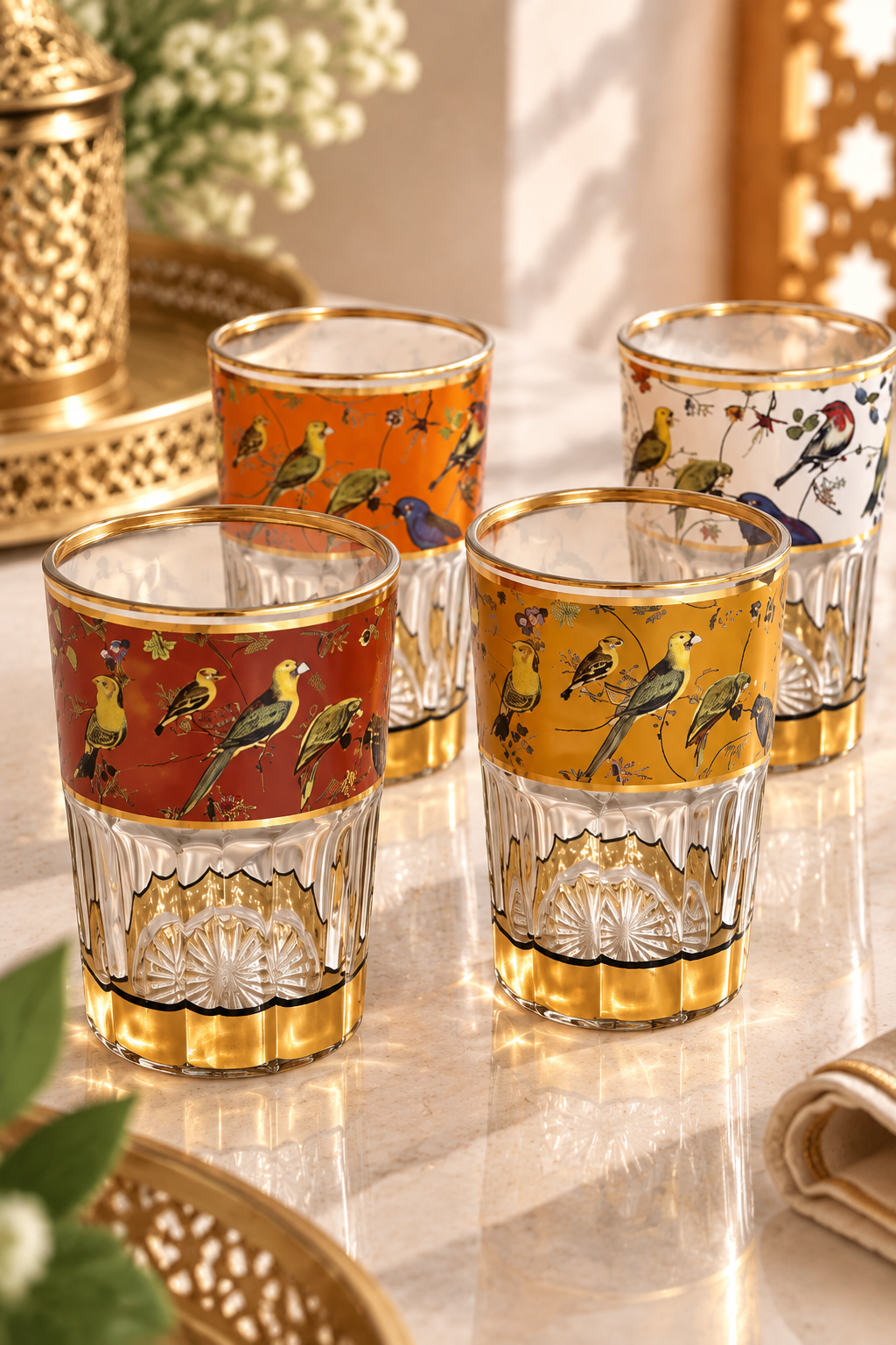 HOMEYA™ Collection Jardin Royal – Service 12 Verres à Thé Marocains avec Motifs Oiseaux & Finitions Dorées Luxe