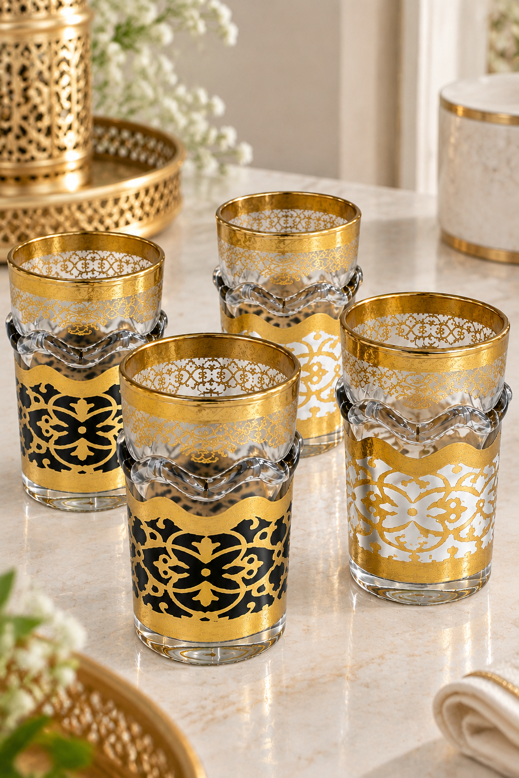 HOMEYA™ Collection Palais Noir & Or – Service 12 Verres à Thé Marocains avec Motifs Arabesques et Finitions Dorées Luxe