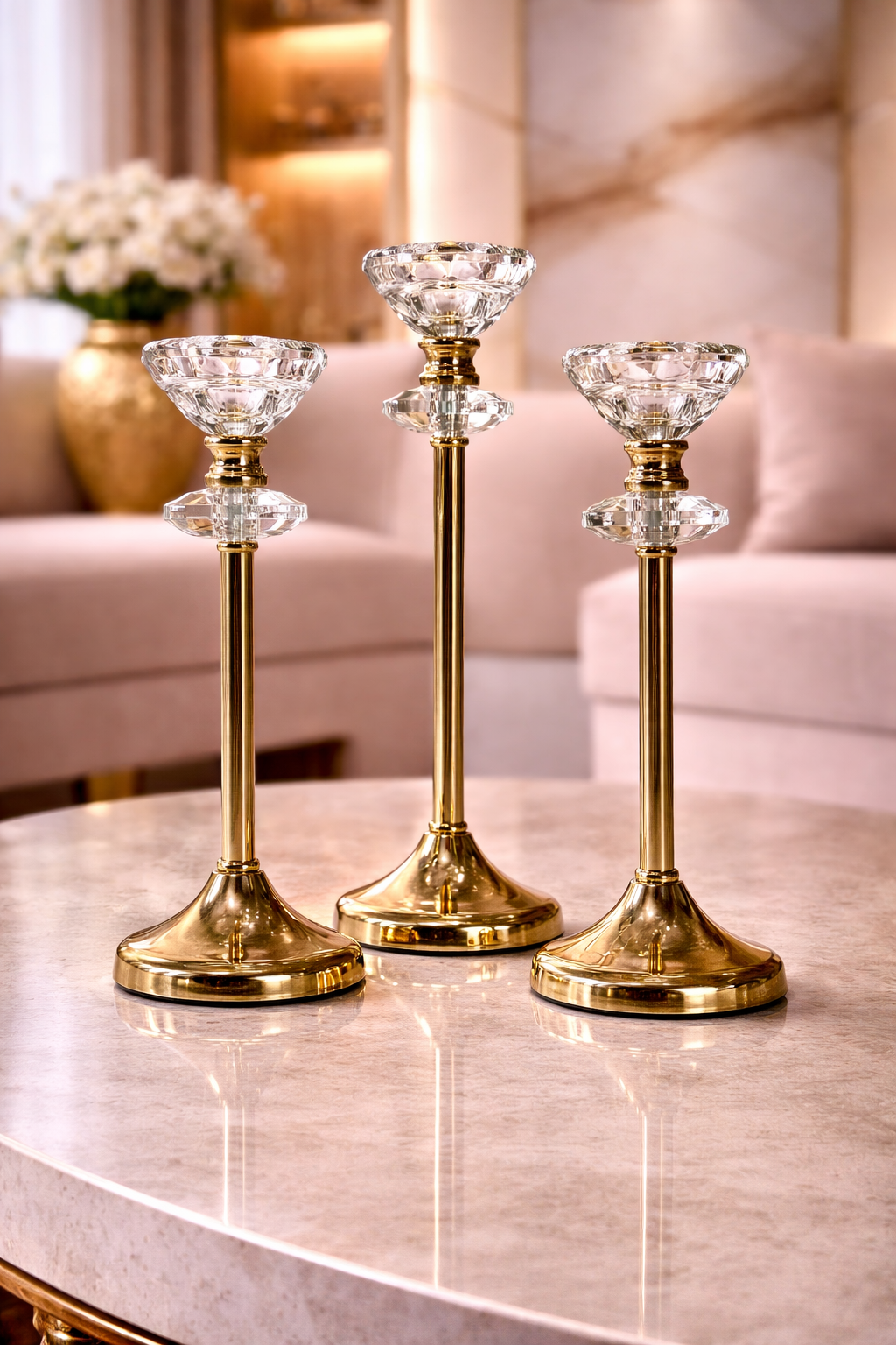 Ensemble de 3 Bougeoirs Élégants en Verre Transparent et Doré