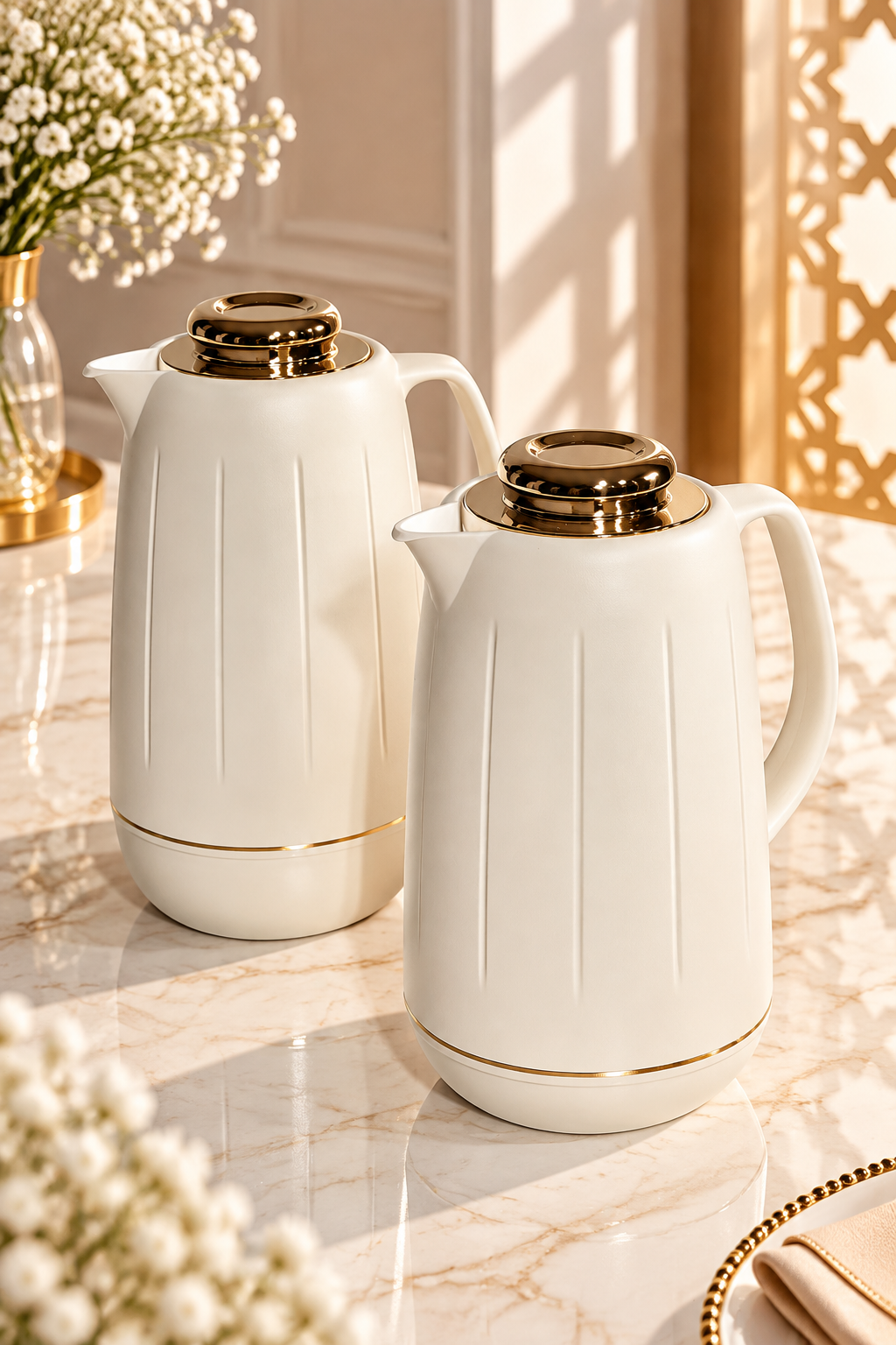Duo de Thermos Blanc Cassé avec Couvercle Doré – Élégance et Raffinement au Quotidien