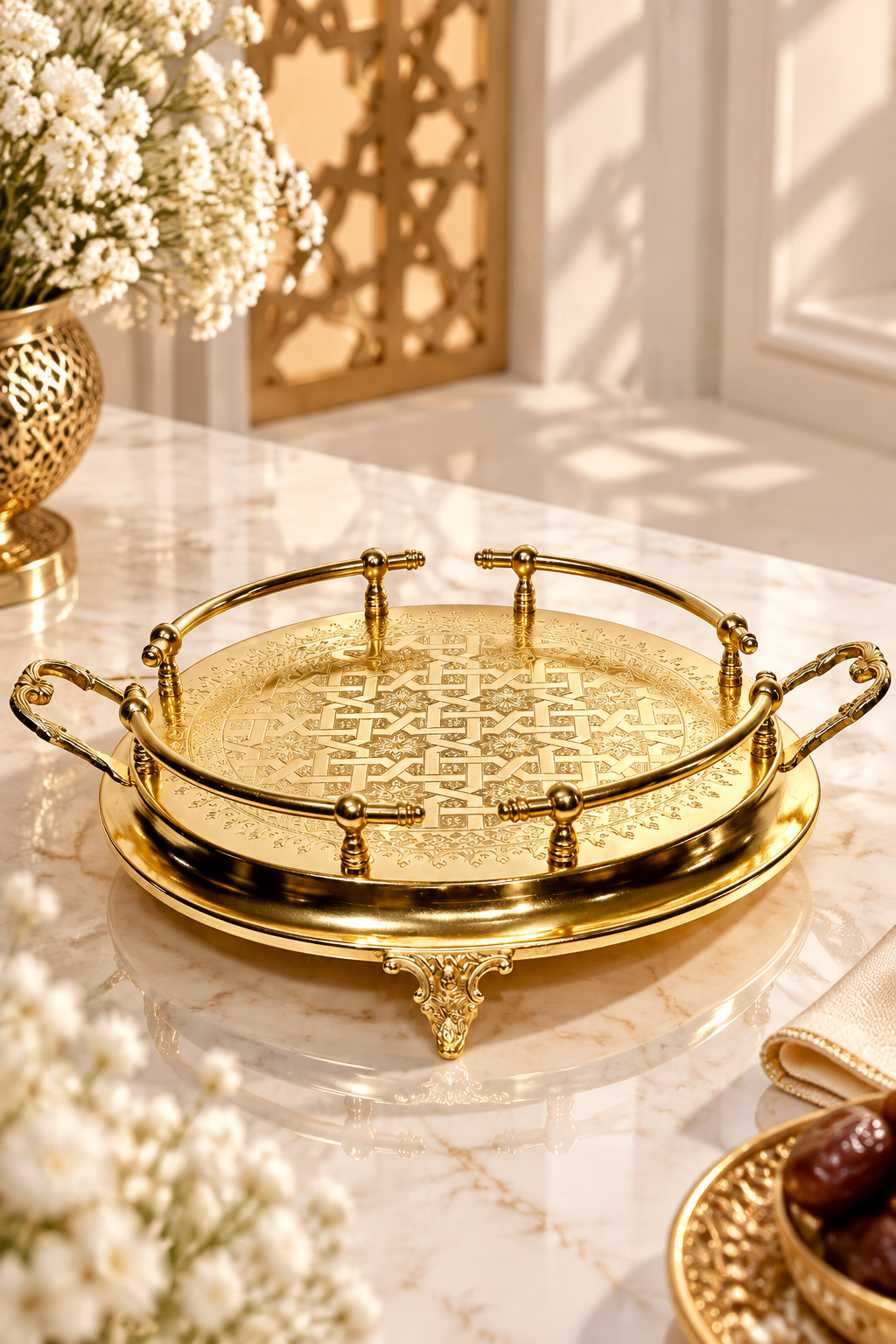 Plateau Rond en Cuivre Doré – Luxe et Tradition pour un Service Raffiné