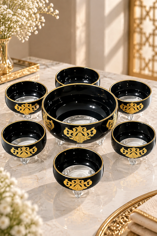 Set Saladier Noir & 6 Bols – Finitions Dorées Élégantes