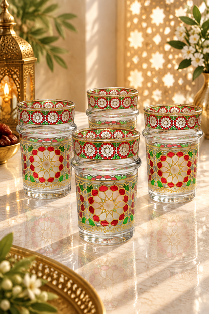 Set de 12 Verres à Thé Marocains – Style Zellige, Transparent, Rouge & Vert