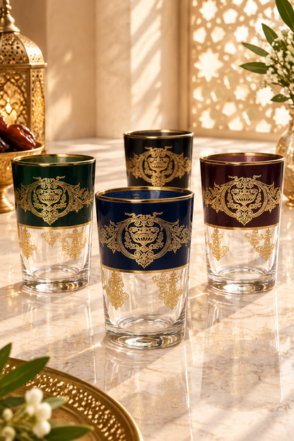Set de 12 Verres à Thé Bas – Transparent & Couleur avec Motifs Dorés