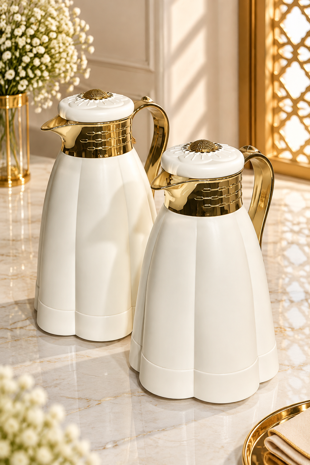 Set de 2 Thermos Blanc Cassé avec Finitions Dorées – Style Raffiné et Performance Thermique