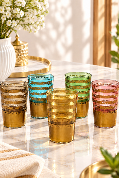 Lot de 12 Verres à Thé – Colorés avec Base Dorée & Argentée