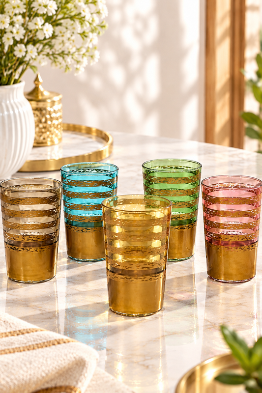 Lot de 12 Verres à Thé – Colorés avec Base Dorée & Argentée