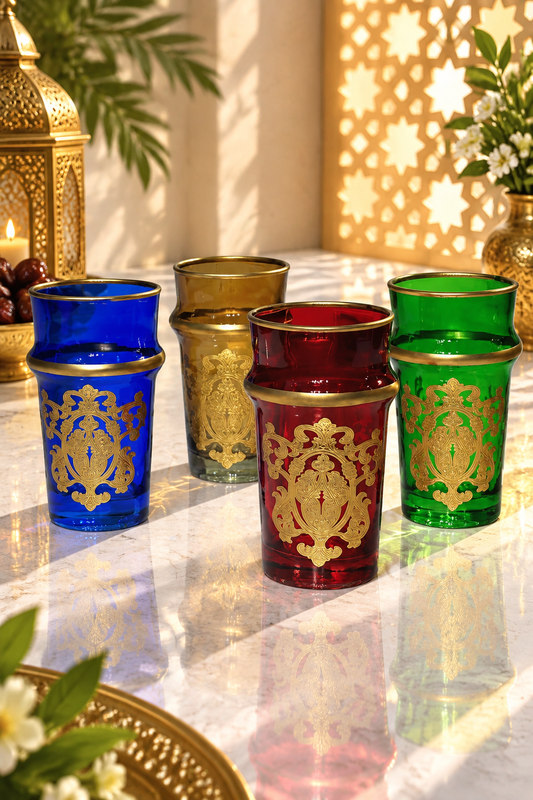 Lot de 12 Verres à Thé – Colorés avec Motifs Dorés