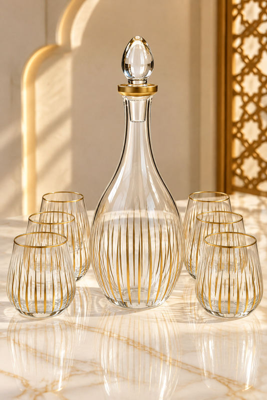 Ensemble Carafe avec 6 Verres Transparente – Motifs Traits Clairs et Contour Doré