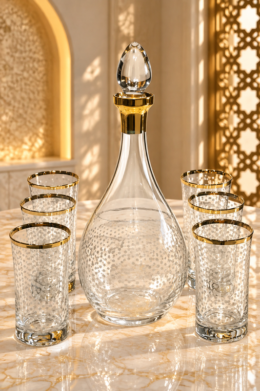 Ensemble Carafe avec 6 Verres Transparente – Motifs Boule Clairs et Contour Doré