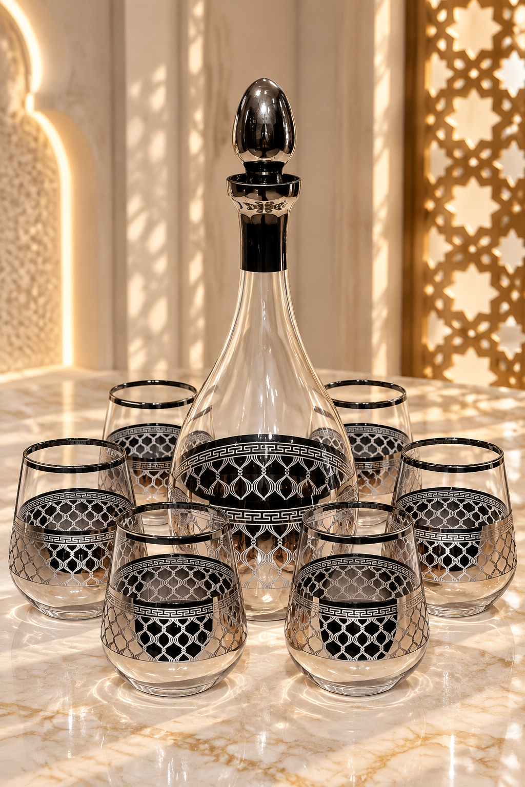 Carafe Cristallisée avec 6 Verres – Motifs Dorés Élégants