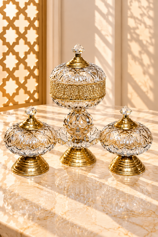 Ensemble Encensoir et Bonbonnières – Verre Cristallisé et Cuivre, Élégance et Raffinement
