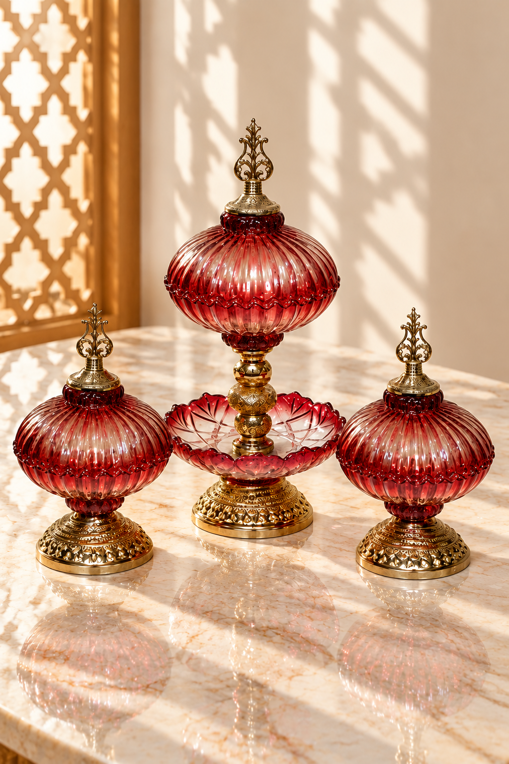Ensemble Encensoir et Bonbonnières – Cuivre et Cristal Rouge pour une Présentation Prestige